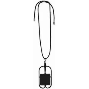 A black lanyard with a holder for ID or cards, featuring a flat, rectangular space in the centre.