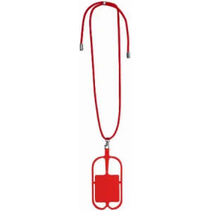 A red lanyard with a rectangular card holder attached, featuring a logo.