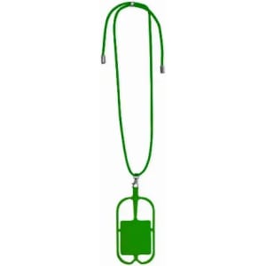 A green lanyard with a holder attached, designed for carrying identification or cards. It features a simple loop design.