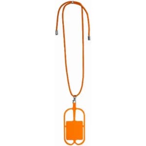 An orange lanyard with a rectangular tag attached, featuring a simple, modern design.