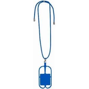 A blue lanyard with a rectangular holder attached, suitable for displaying cards or ID tags.