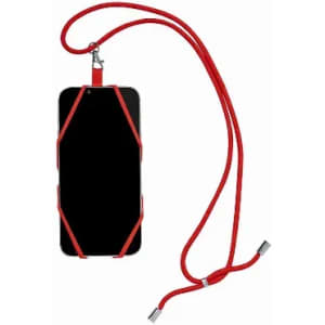 A phone holder with a red strap, designed to securely carry a smartphone while keeping it easily accessible.
