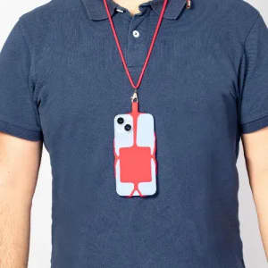 A phone case with a red and blue design, attached to a red strap worn around the neck.