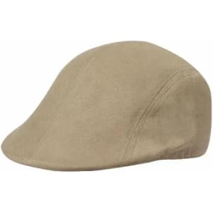 A beige flat cap with a smooth surface and streamlined design, featuring a subtle logo on the side.