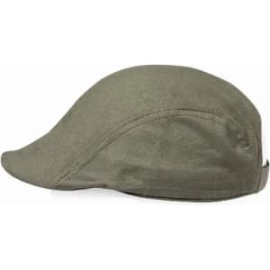 A green cap with a curved brim and a smooth surface, featuring a logo on the side.