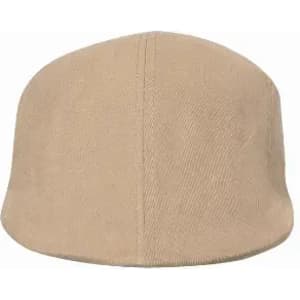 A beige hat with a rounded top and smooth fabric texture, featuring no visible branding or logos.