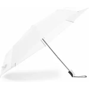 A white umbrella with a silver handle and a strap, featuring a minimalistic design.