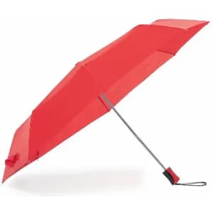 A red umbrella with a sleek design and a black handle. It features a logo on the handle.