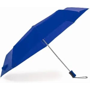 A blue umbrella with a sleek design and a black handle, featuring a logo on its canopy.