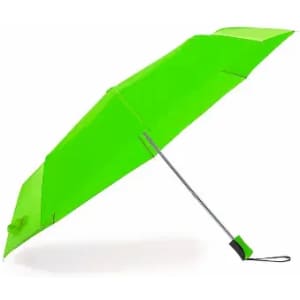 A green umbrella with a sleek design and a black handle, featuring a logo on the handle.