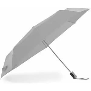 A grey umbrella with a silver shaft and a strap. It has a modern design and an integrated handle.