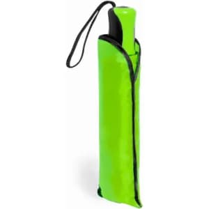 A green umbrella in a protective sleeve with a black trim and a handle, featuring a wrist strap.