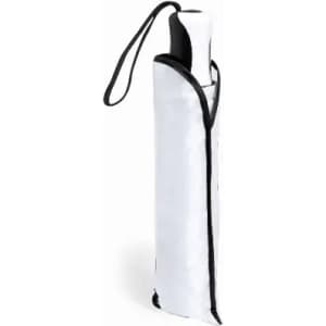A drink bottle in a white cylindrical holder with black accents, featuring a carrying strap and a logo.
