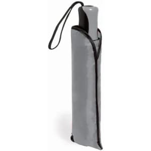 A grey umbrella in a protective sleeve, featuring a black trim and a loop for easy carrying.