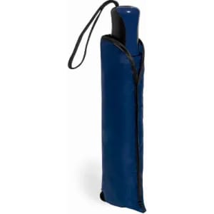 A drink bottle in a sleek navy blue and black design, featuring a handle and a logo.