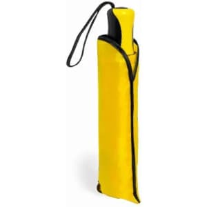 A drink bottle with a black handle, wrapped in a bright yellow protective cover, featuring a logo.