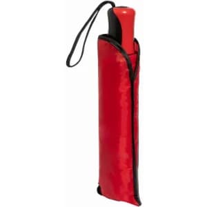 A red umbrella with a black trim and a handle, stored in a matching protective case with a wrist strap.