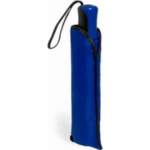 A blue drink bottle with a black cap and a carrying strap, housed in a matching blue cover.