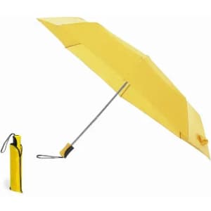 A yellow umbrella next to a matching storage sleeve, featuring a silver metal shaft.