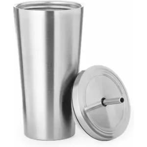 A drink bottle in stainless steel with a removable lid and a straw opening.