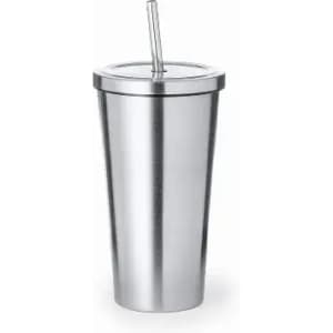 A drink bottle in sleek silver with a straw and a secure lid, featuring a minimalist design.