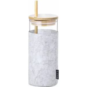 A drink bottle with a clear glass body, bamboo lid, a straw, and a textured grey sleeve. It features a logo.