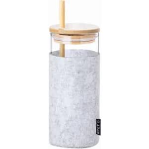 A drink bottle with a transparent glass body, grey felt sleeve, bamboo lid, and a straw. It features a logo.