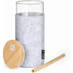 A drink bottle featuring a transparent glass exterior, a grey sleeve, a wooden lid, and a bamboo straw.