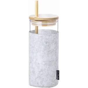 A drink bottle with a clear glass body, grey sleeve, bamboo lid, and a straw. It features a logo on the side.
