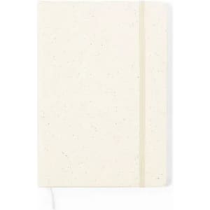A cream notebook with a textured cover, featuring a simple elastic band and a ribbon marker.