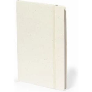 A notebook with a speckled white cover and an elastic closure, featuring a minimalist design.