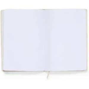 A blank notebook with white pages, featuring a simple, unadorned design and a ribbon bookmark.