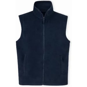 A navy blue fleece vest with a high collar and two front pockets, featuring a full zip closure.