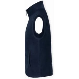 A navy blue sleeveless vest with a zip and side pockets. The product has a logo on it.