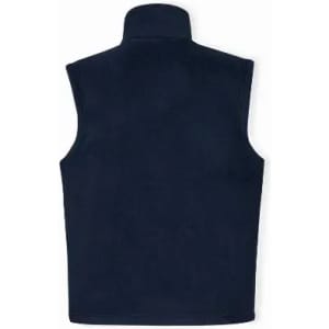 A navy blue vest featuring a high collar, designed without sleeves. It has a logo on the back.