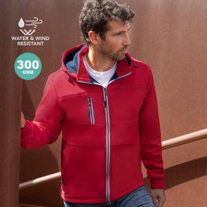 A red jacket with a hood, featuring zippered pockets and water and wind resistance, worn by a man.