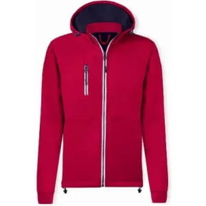 A red zip-up hoodie with a navy interior, featuring a front pocket and a zipper. It has a hood and a logo.