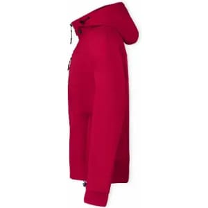 A red jacket with a hood, featuring a side view and a sleek design. It has a zip and adjustable elements.