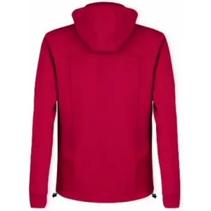 A red jacket with a hood, featuring a simple design and long sleeves. It has a back view and no visible branding.