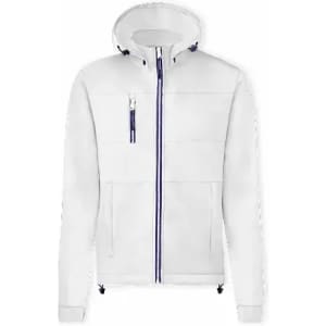 A white jacket with a hood, featuring zippered pockets and blue accents, alongside branding on the chest.