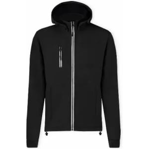 A black zip-up jacket with a hood and front pockets, featuring a sleek design and a zippered chest pocket.