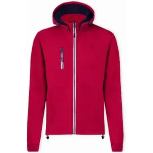 A red hooded jacket with a navy interior, featuring a front zipper and two side pockets.