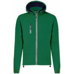 A green zip-up jacket with a hood and navy lining, featuring a zipped chest pocket and adjustable hem.