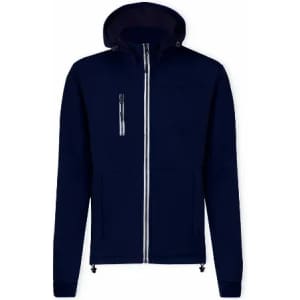 A navy hoodie with a zip front, featuring a hood and zippered pockets. It has a logo on the left chest area.