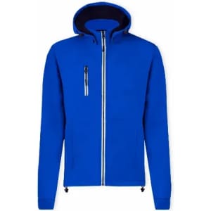 A blue jacket with a hood featuring a front zip and pockets, also displaying a logo on the chest.