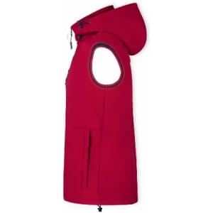 A red sleeveless vest with a hood and front pockets, displayed from the side. It features a zippered closure.