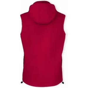 A red sleeveless vest with a hood, featuring adjustable drawcords at the waist and side panels.