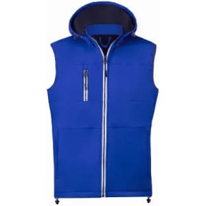 A blue sleeveless vest with a hood, featuring a front zipper and pockets. It has a contrasting inner lining.