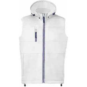 A white sleeveless vest with a hood, featuring a front zip and multiple pockets. It has a blue accent.
