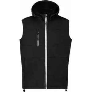 A sleeveless black vest with a hood, featuring a front zipper and multiple pockets. It has a branding logo.